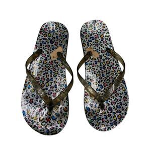 Flawed Metallic Silver Multicolor Leopard Print Glitter Flip Flops Sandals Size7